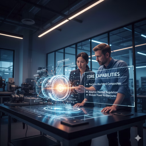 Two engineers, a man and a woman, analyzing a holographic projection of a complex engine part with overlaid text showing 'Core Capabilities'