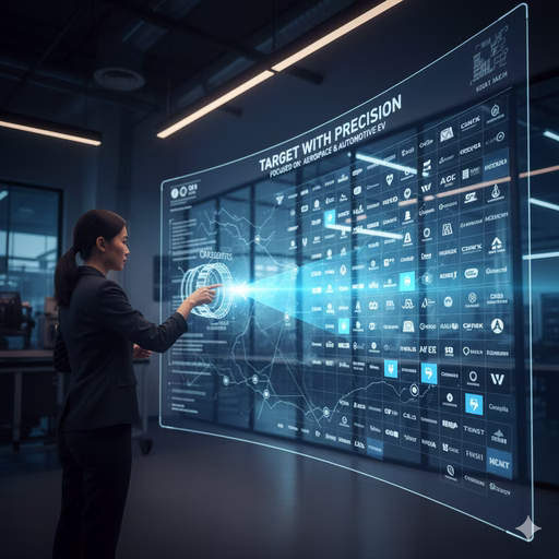 A female engineer interactively targeting a large transparent display screen showing a vast network of company logos, with a highlighted section indicating 'Target with Precision' focused on 'Aerospace & Automotive EV,' symbolizing precise market targeting.